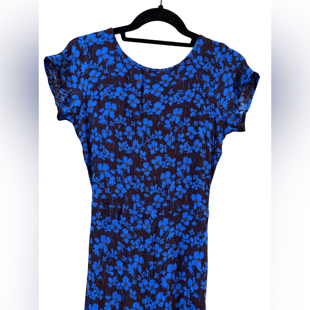 Free People “Two Paths” Smocked Blue & Brown Floral Jumpsuit Size S - Picture 4 of 11